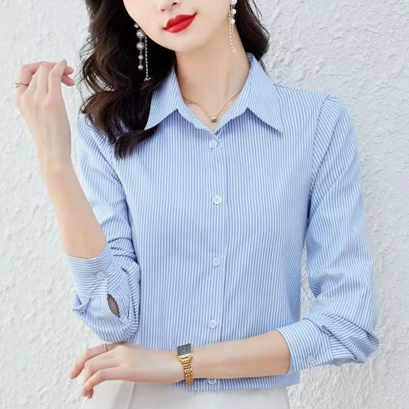 

2023 NEW Upscale Striped Fashionable Loose Fitting Long Sleeved Trendy Temperament Casual Commuting Collar Women's Shirt