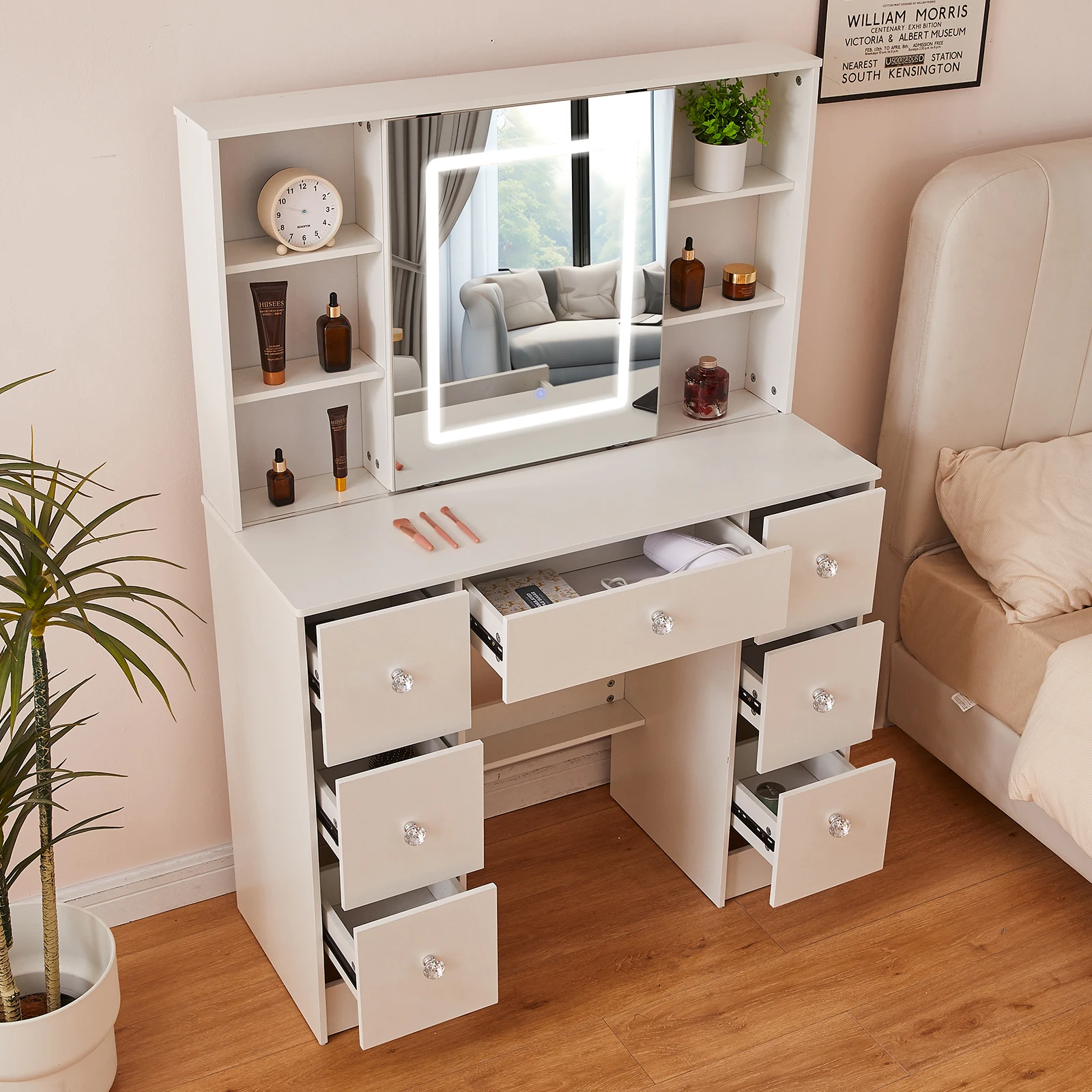 طاولة تزيين فانيتي مع مجموعة طاولة مكياج بمرآة هوليوود LED و7 أدراج #4