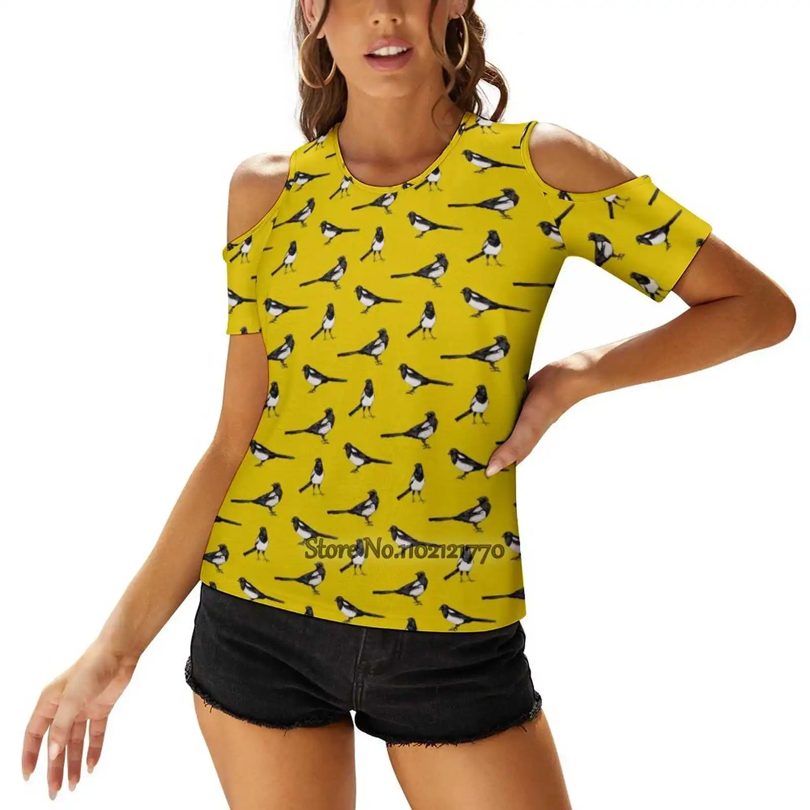 Magpies On Yellow - Bird Pattern Women'S Tops Tee Ladies Casual Sexy T-Shirt Back Lacing Clothing Magpie Magpies Yellow Bird