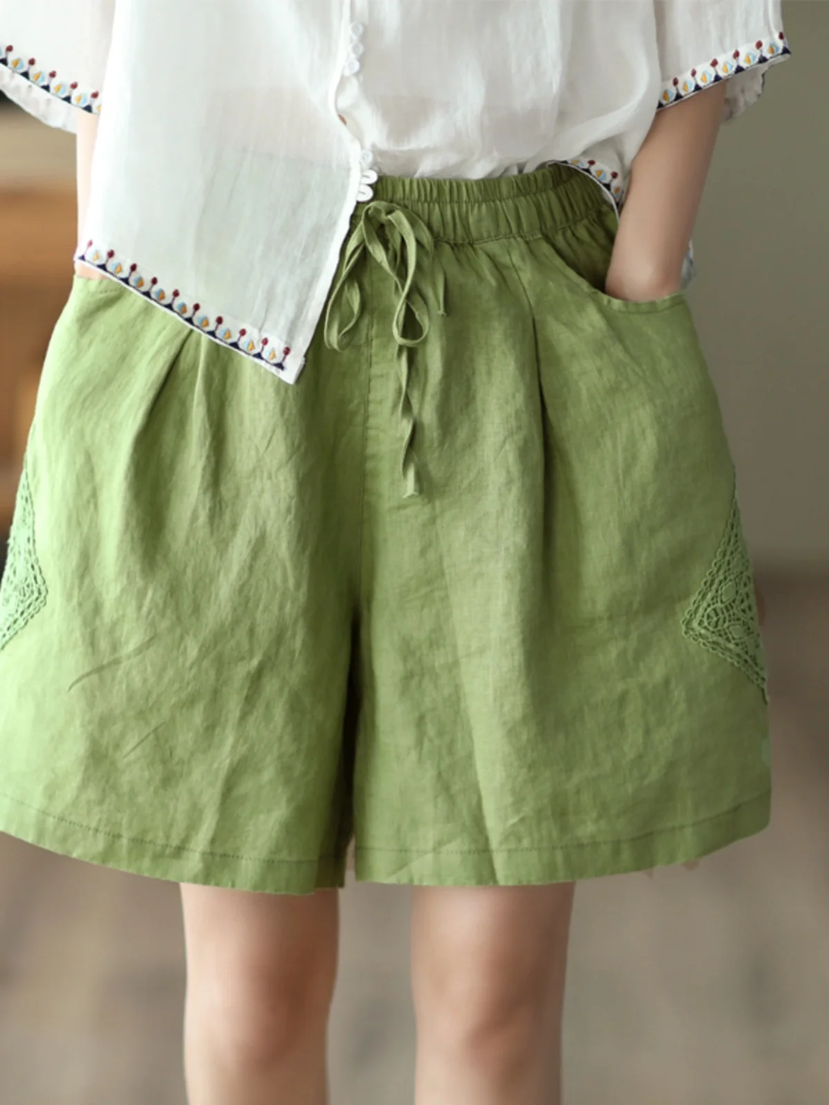 Retro Patchwork Hohl Haken Blume Leinen Breite Bein Hosen Frauen Sommer Belted Elastische Taille Lose Fit Casual orts