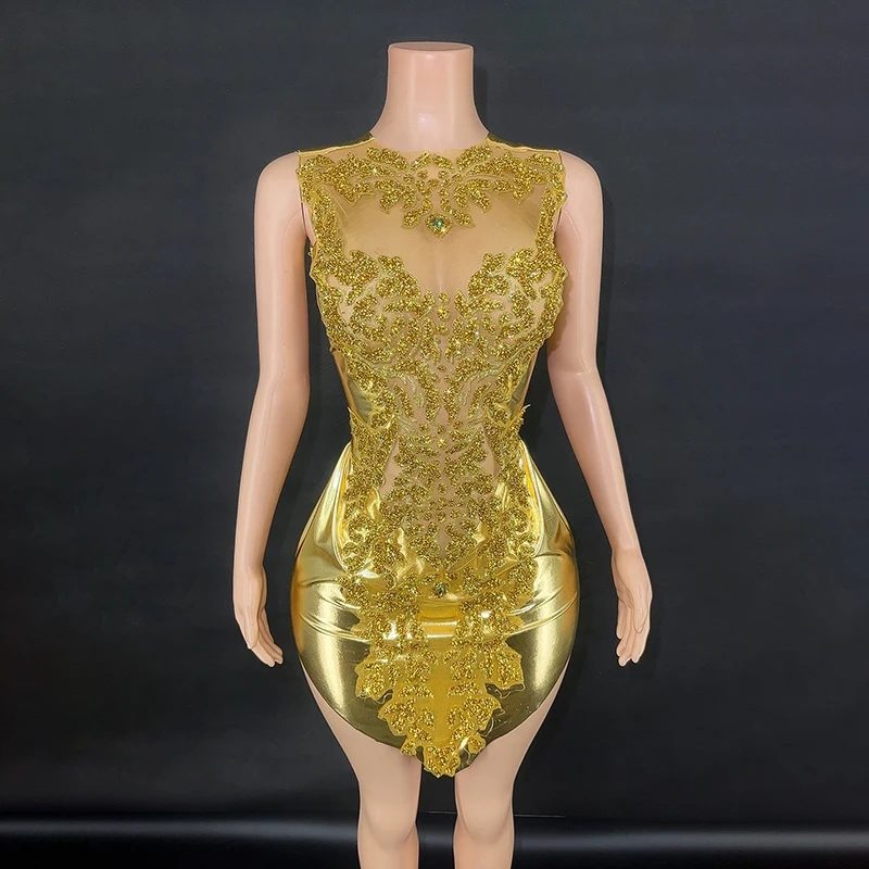 

Gold Evening Dress Women Sexy Mesh Party Festival Clothing Drag Queen Costume Singer Performance Dress Adult Clubwear VDB7709