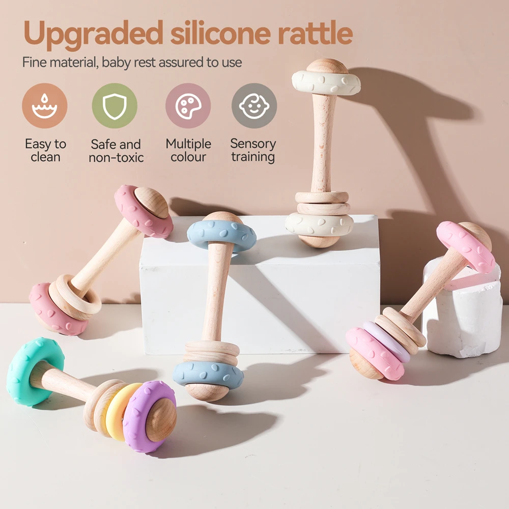 1 PC ไม้เด็ก Teether ของเล่นซิลิโคนฟรี BPA แหวนเพลง Rattle Teething สําหรับของเล่นเด็ก Montessori ของเล่นสําหรับของขวัญเด็ก