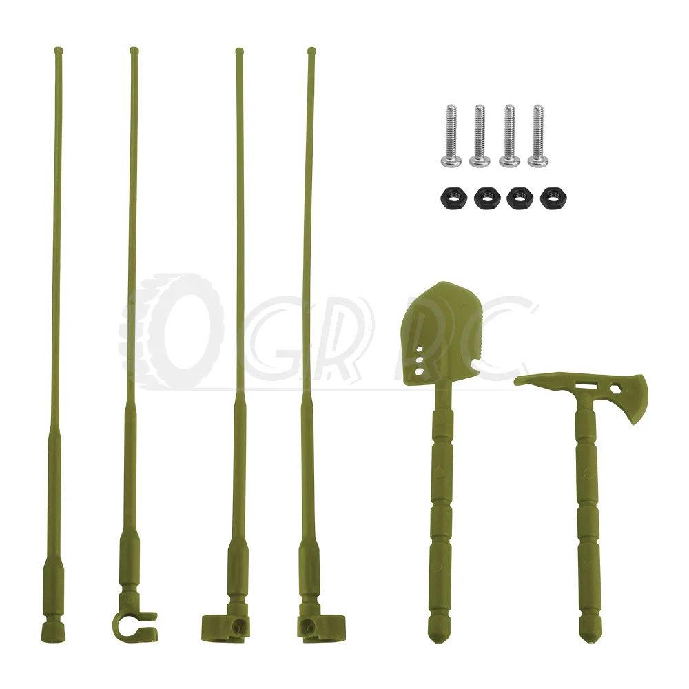 RC Crawler Simulation Parts Plastic Antennas with Shovel and Axe Tool Set for 1/10 Scale Off-Road Trucks Decoration