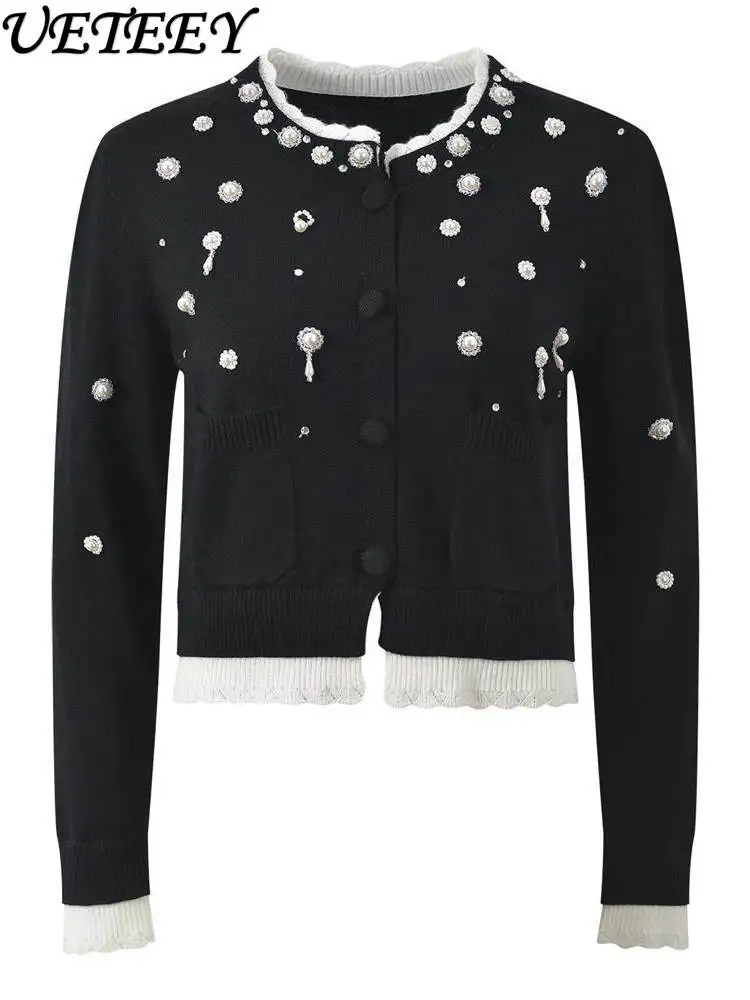 

2026 Spring New Design Beaded Black and White Color-Block Sweater Coat Elegant Versatile Slim Fit Knitted Cardigan Top Ladies