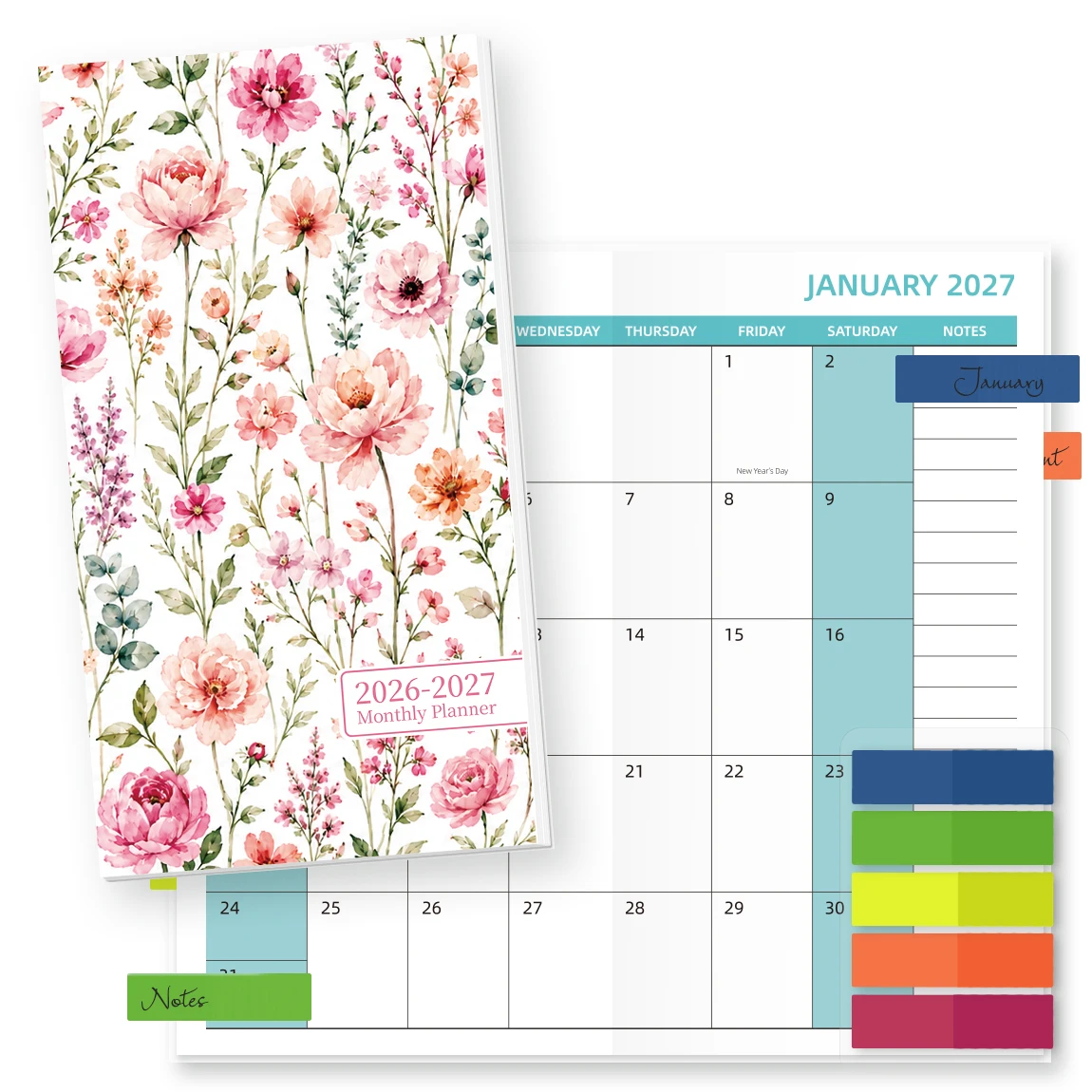 1PC A6 Monthly Planner, Pink Floral, with Stickers or Colorful Index Tabs, Compact Organizer for Office, Study & Travel