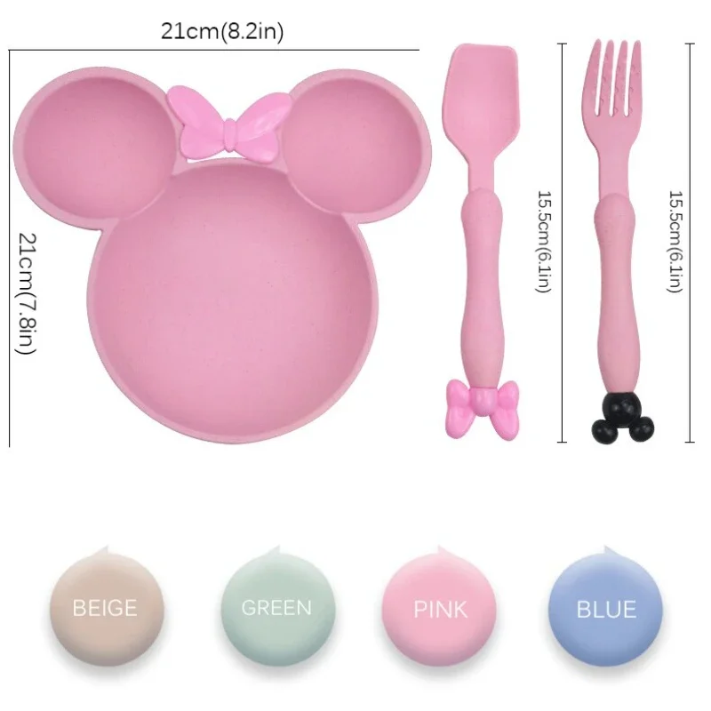 3Pcs/set Cartoon Baby Bowl Tableware Set Wheat Straw Children\'s Dishes Kids Dinner Feeding Plate Bowknot Food Plate Spoon Fork