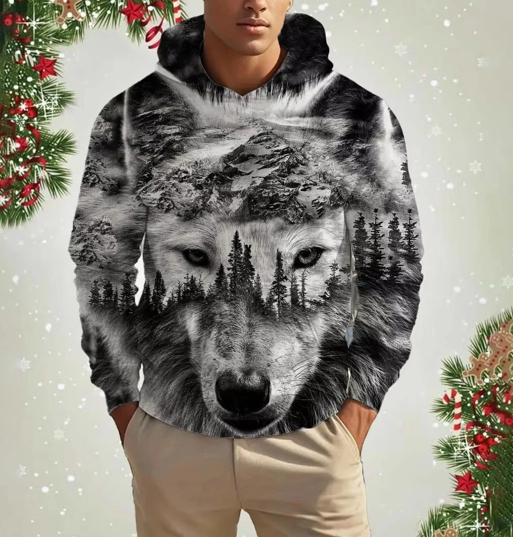 عيد الميلاد هوديي الرجال مقنعين الحيوان الذئب ثلاثية الأبعاد طباعة هوديس قمة الخريف البلوز المتضخم بلوزات طفل هوديي المرأة هوديي #3
