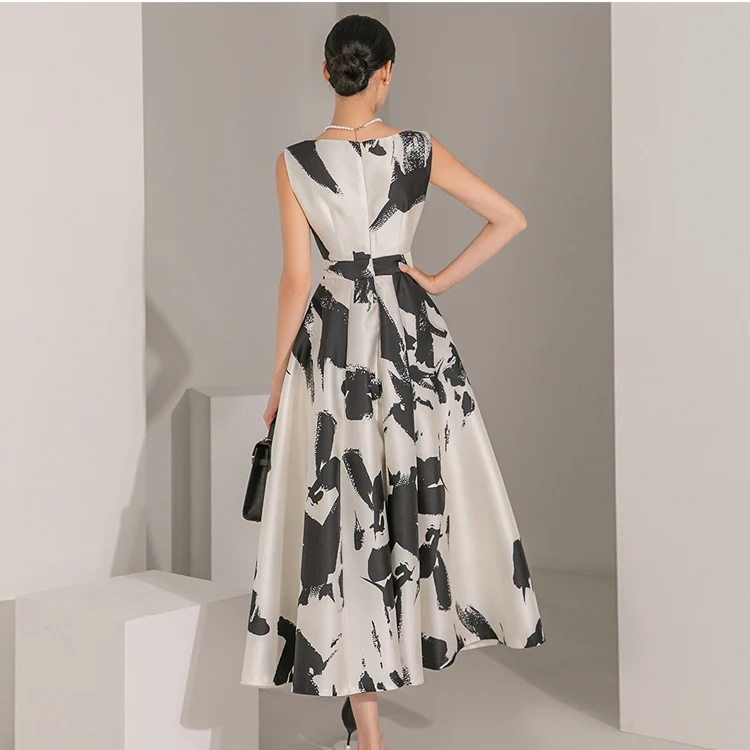Elegant Summer White Black Contrast Color Print Mid Dress Runway Women O Neck   Sleeveless Tank A Line Slim Waist Holiday Office