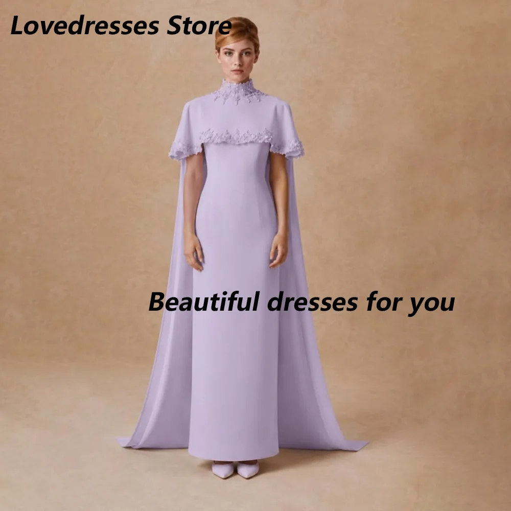 Vestido de invitada de boda personalizado, color lavanda mate, con cuello alto tipo capa, para la madre de la novia, con apliques florales de tela.