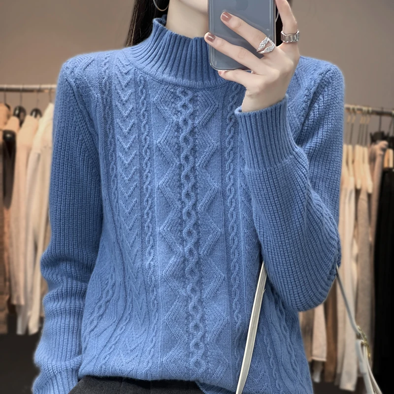 ZYCZCXX New Fashion Women Sweater Autumn Winter Jersey 100% Merino Wool Tops Pullover Mock-Neck Long Sleeve Jumper Knitwear