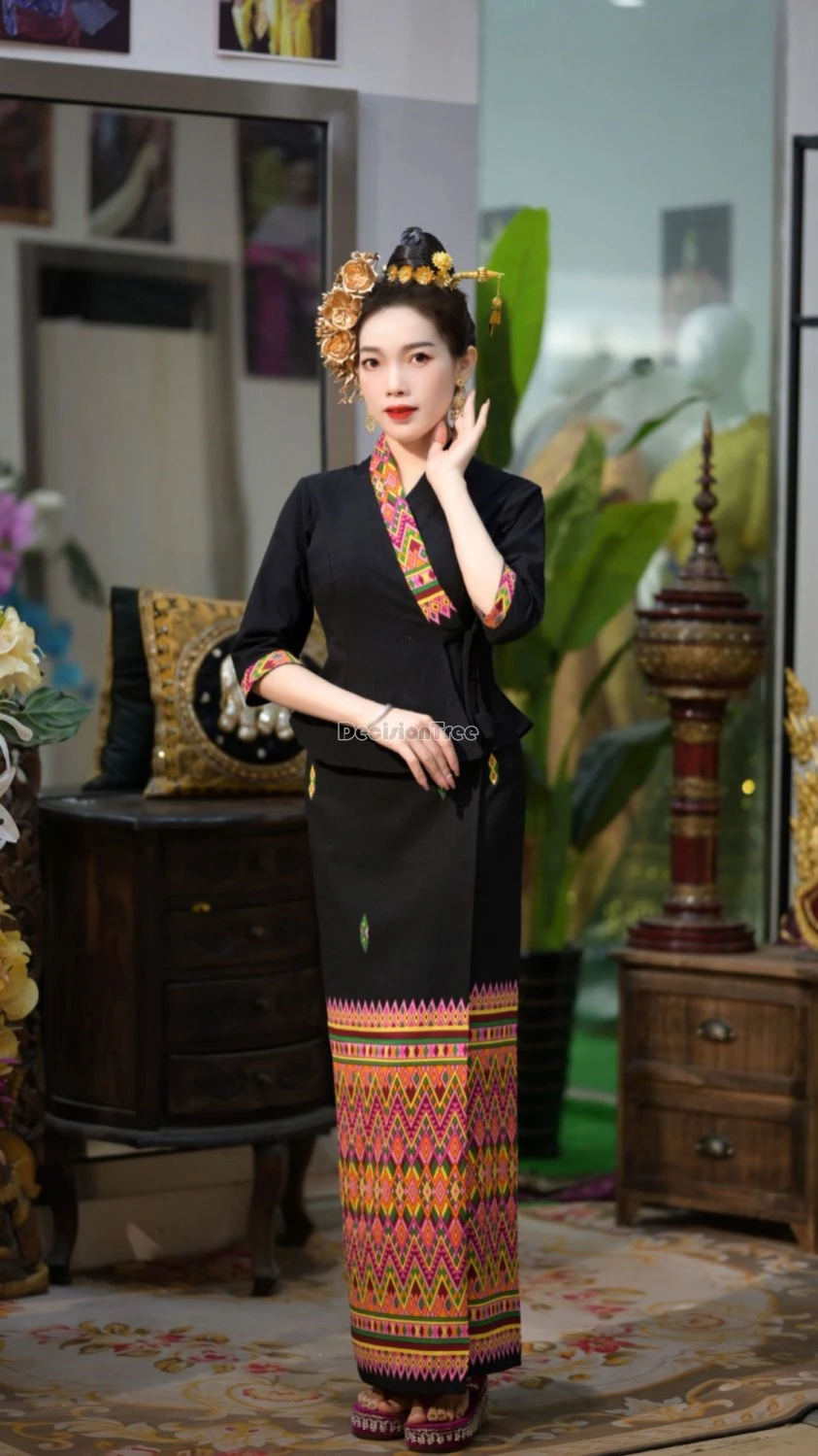 2024 traditional women thailand clothing chinese ethnic style lacing hanfu top straight skirt elegant dignified temperament set