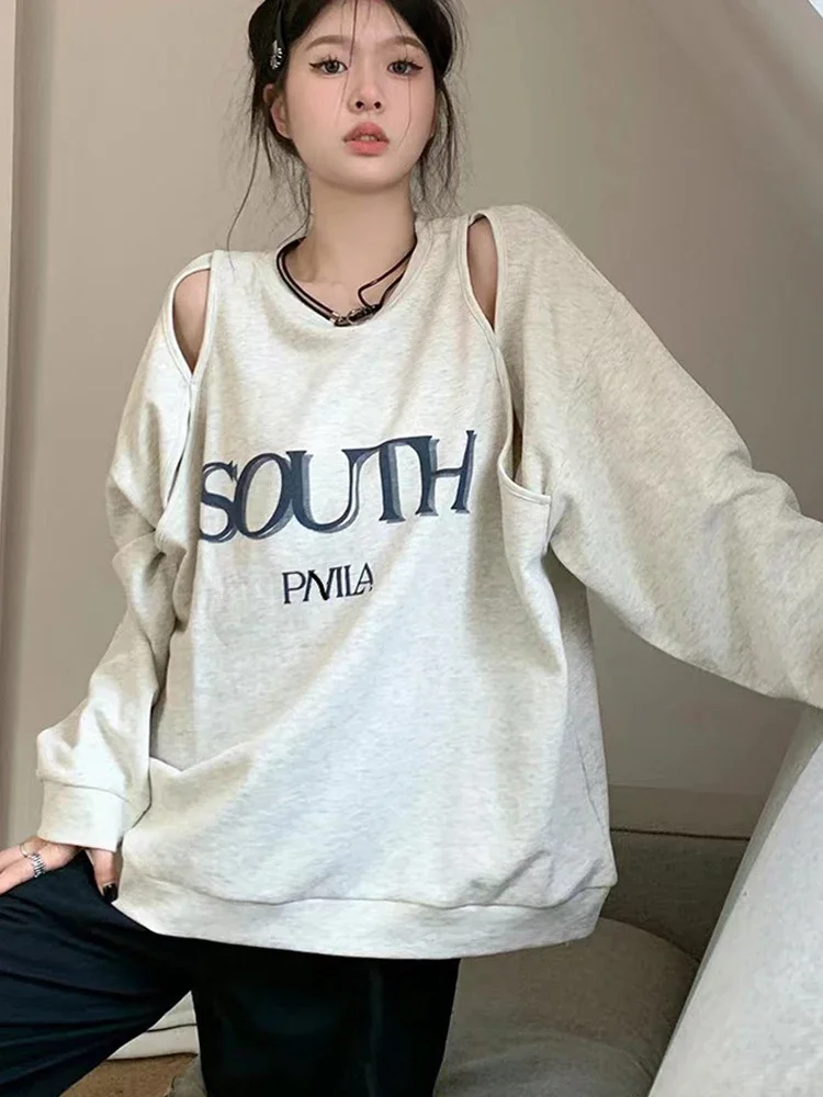 Off Shoulder Sweatshirts Women Korean Fashion Vintage Letter Print Pullover Female Sexy Hollow Out Long Sleeve Y2k Streetwear