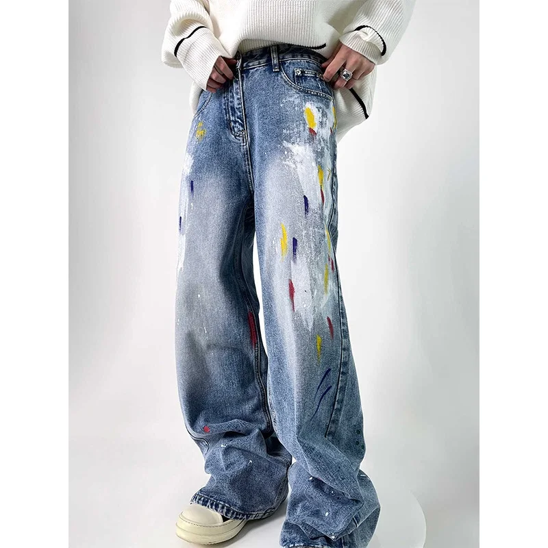 

Loose Wide Leg Men's Jeans Graffiti Paint Dot Washed American High Street Spring Autumn New Style Casual Straight Tube Jeans