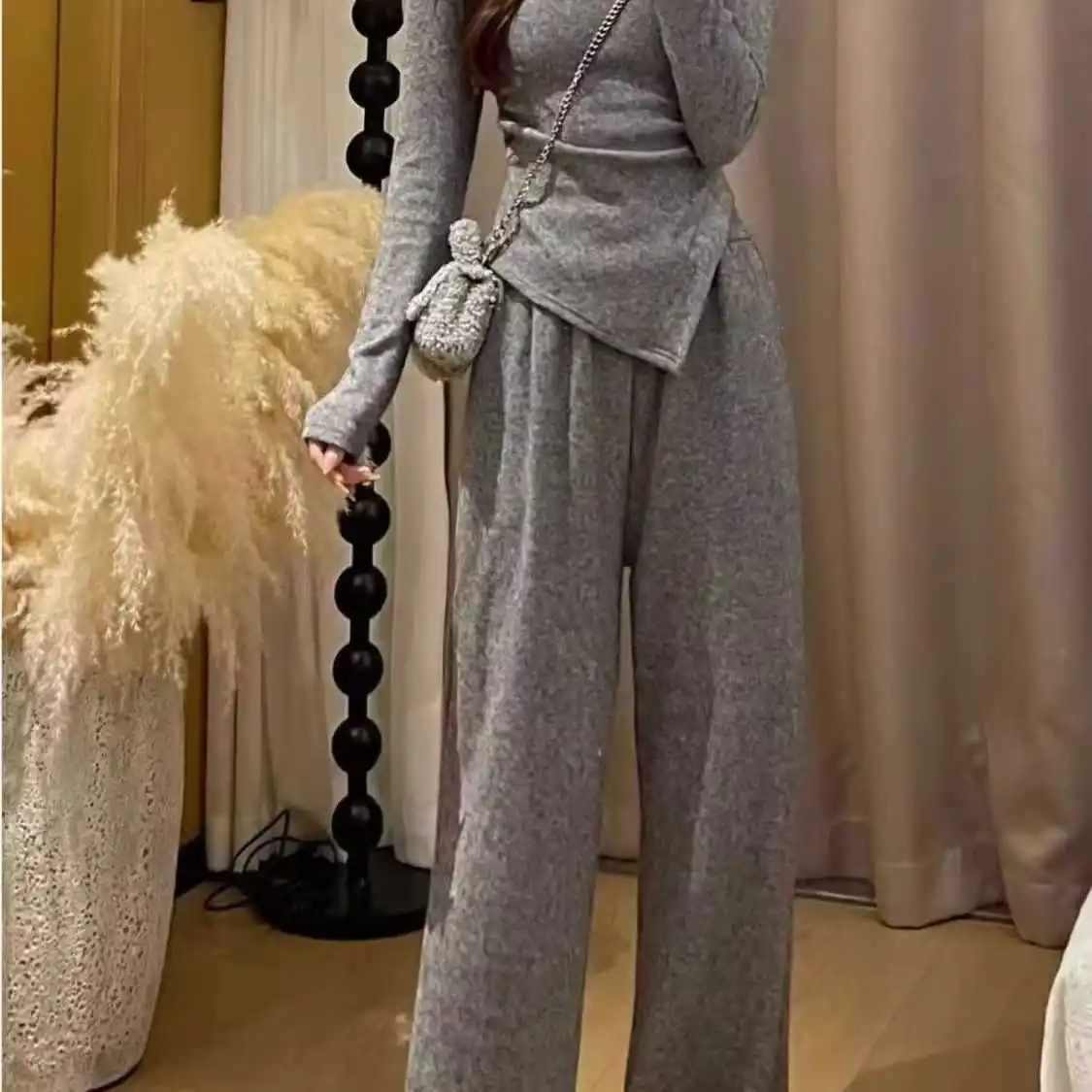 عارضة تنوعا المرأة سليم صالح أعلى قيعان مجموعة عالية الخصر بنطال ذو قصة أرجل واسعة ربيع الخريف المألوف قطعتين الزي #4