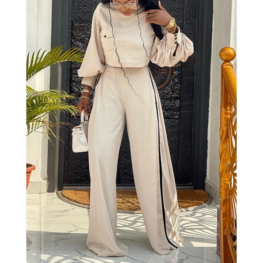 Women Lantern Long Sleeve Pocket Top & High Waist Wide Leg Pants Set Elegant Fashion Korean Style Two Pieces Sets y2k Outfits