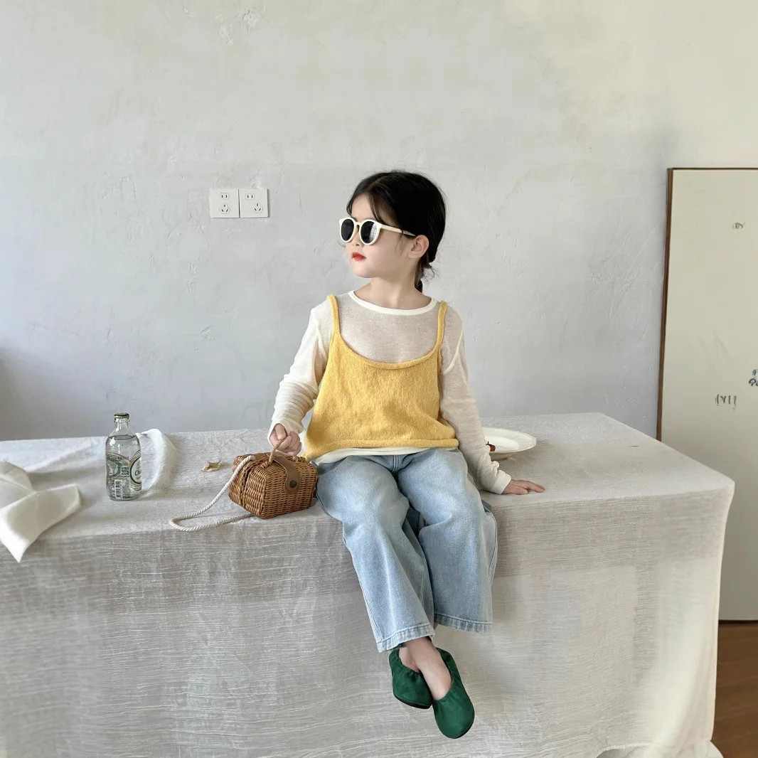 two pcs set 2025 Spring New Girl\'s Double layered Thick edged Long sleeved T-shirt Korean  Children\'s Cake Skirt