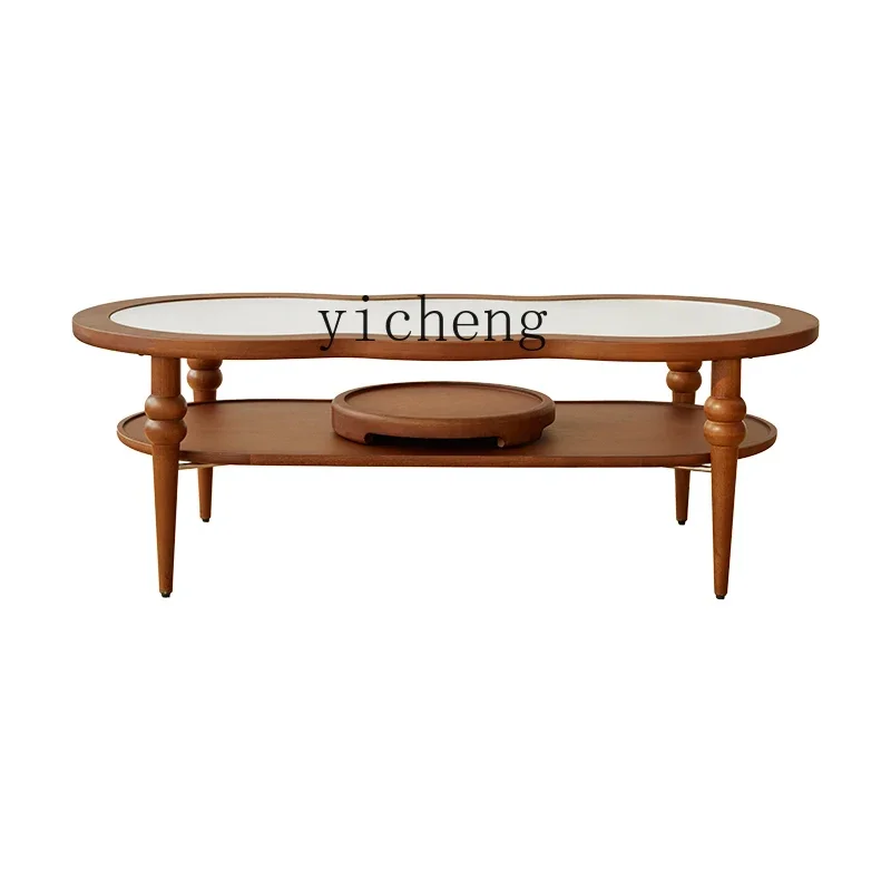 

ZK Home Retro Style Solid Wood Tea Table Creative Simple Living Room Small Apartment Personalized Furniture Glass Log Tea Table