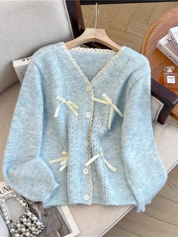 Faionable V-Ne هوك تصميم محبوك سترة مفتوحة الخريف جديد Sle المرأة الحلو زر سترة معطف en تخفيف Loos... #5