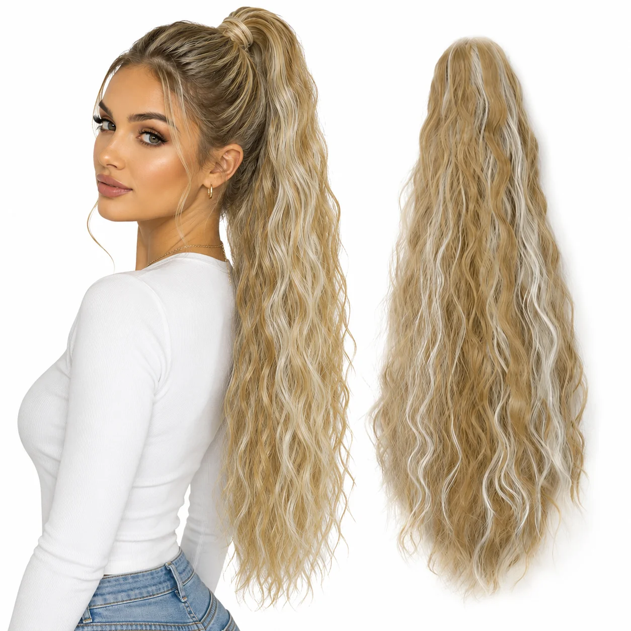 24 Zoll synthetischer, wasserwelliger Pferdeschwanz mit Klammer, schwarz-blond, hitzebeständige Faser, flauschiger, unordentlicher Pferdeschwanz, Haarverlängerungen für Damen