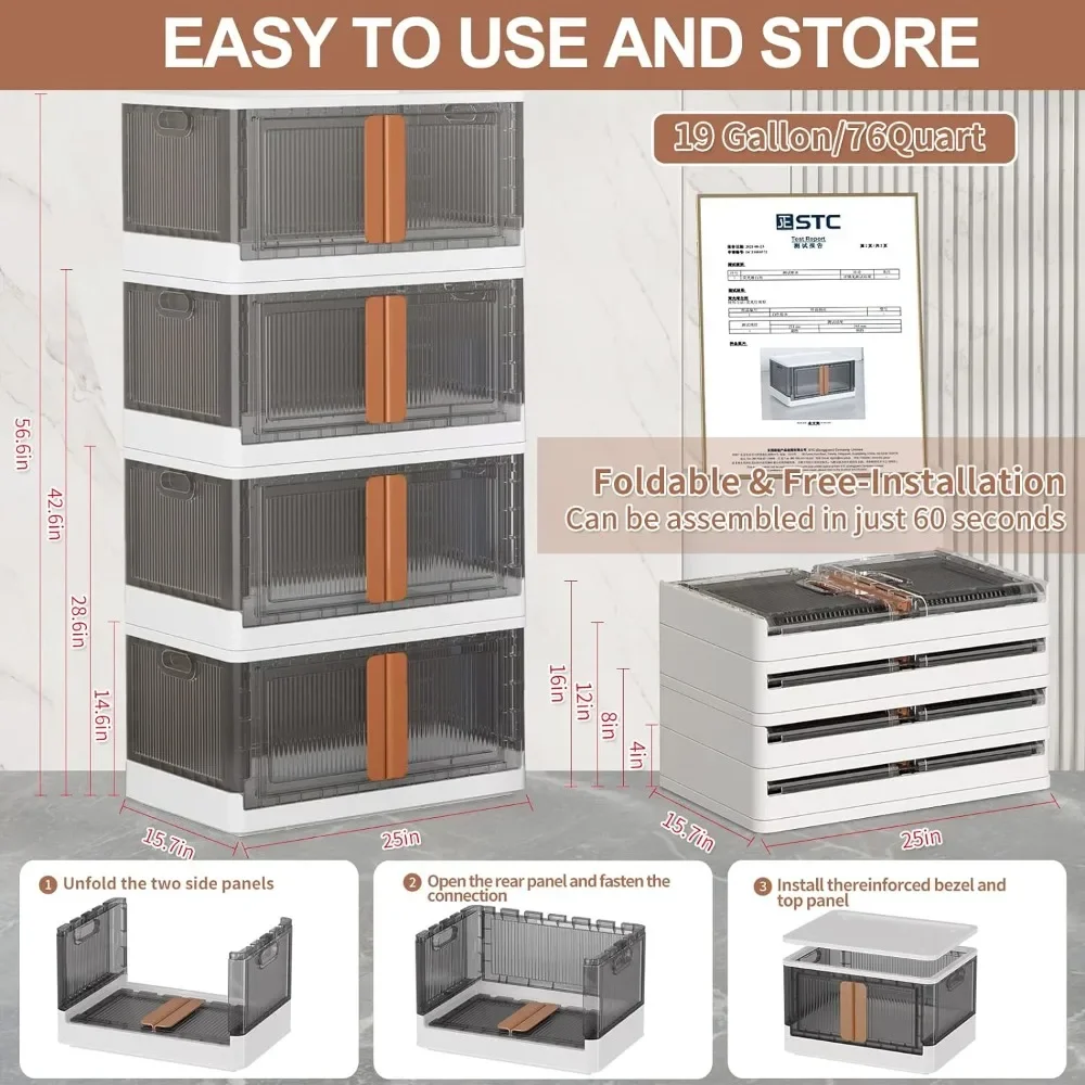 Bins with Lids  Stackable Storage Bins.Collapsible Storage with Wheels and Door,Storage and Organization(19 Gal - 4 Pack, White)