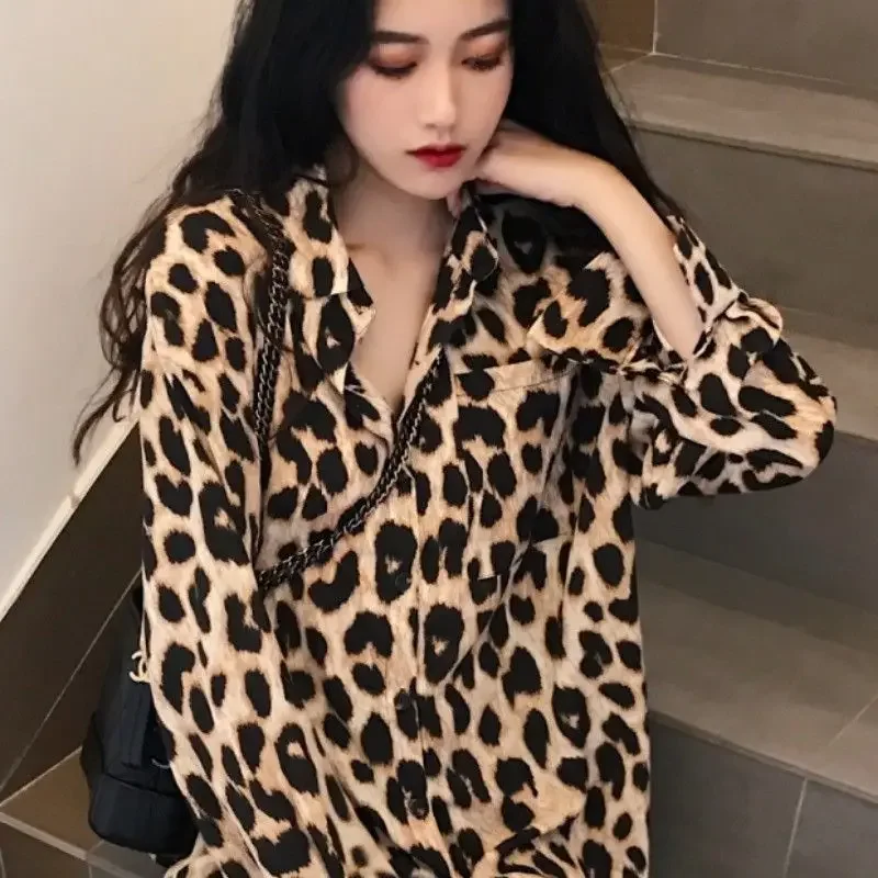 Style Summer Loose Leopard Print Shirt Retro Long Sleeve Shirt Top Blusas Ropa De Mujer