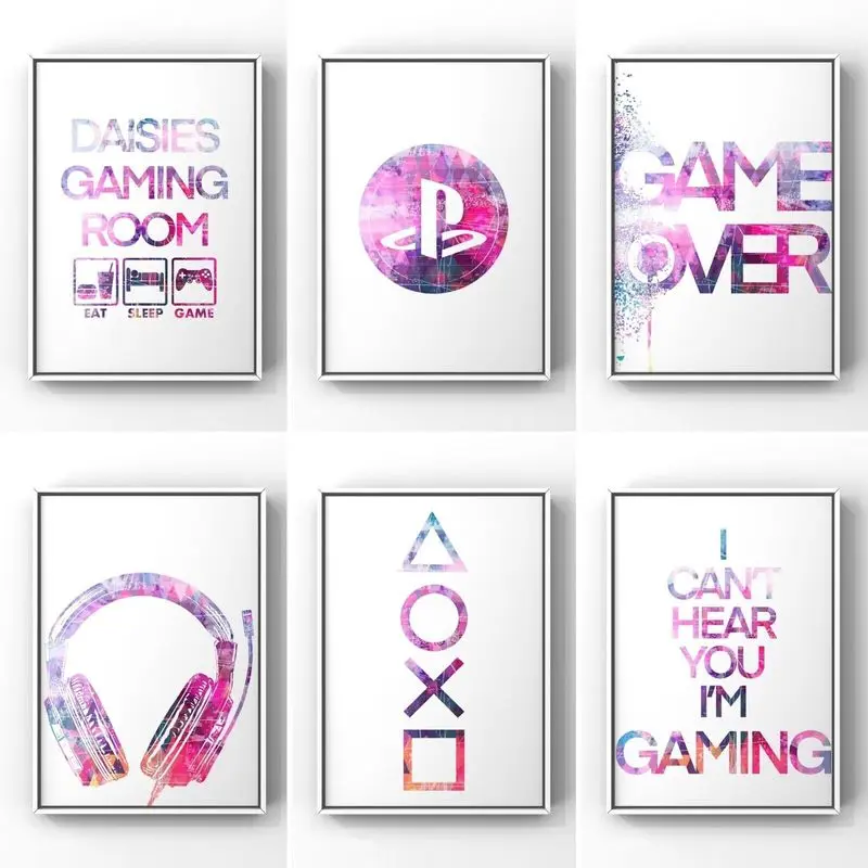 Pink Watercolor Gamepad Canvas Painting Boys Game Illustration Poster Wall Art Picture for Gamer Kids Room Decoration