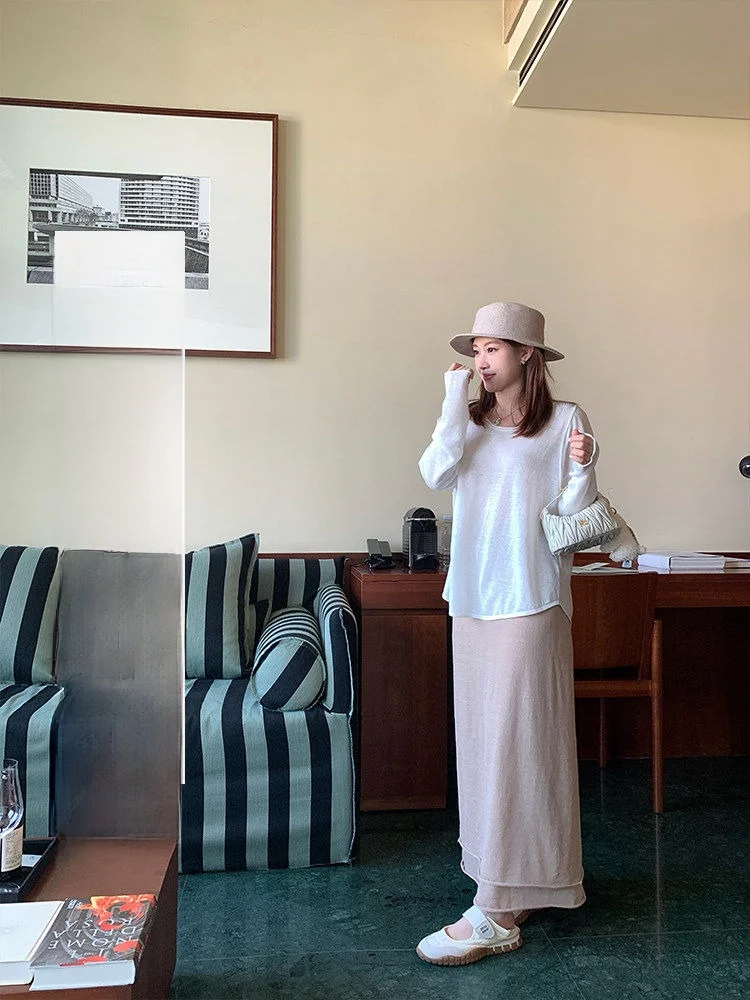 

White Linen Knitted f Skirt Inner Wear Milk Tea Color Knitted Top Casual Loose Fit Long Sve round Ne Regular Length