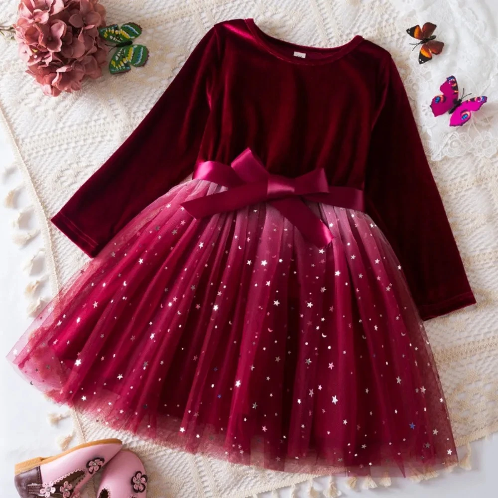 Red New Year's Children's Clothing Christmas Sequins Mesh Splicing Princess Dress Spring Autumn Long Sleeved Girls Party Dresses