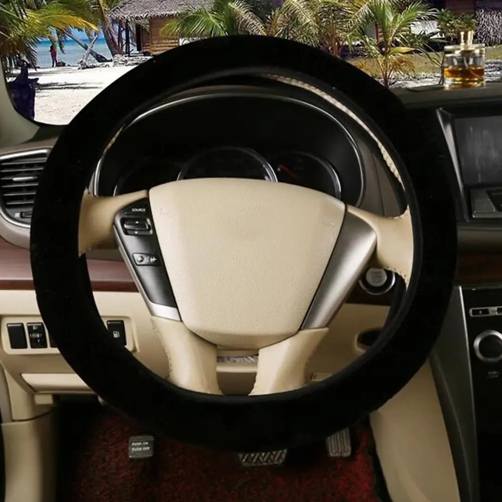 Premium Soft Short Fur Car Steering Wheel Cover High-density Warm Plush Winter Steering Wheel Protector Cover 38cm Accessories