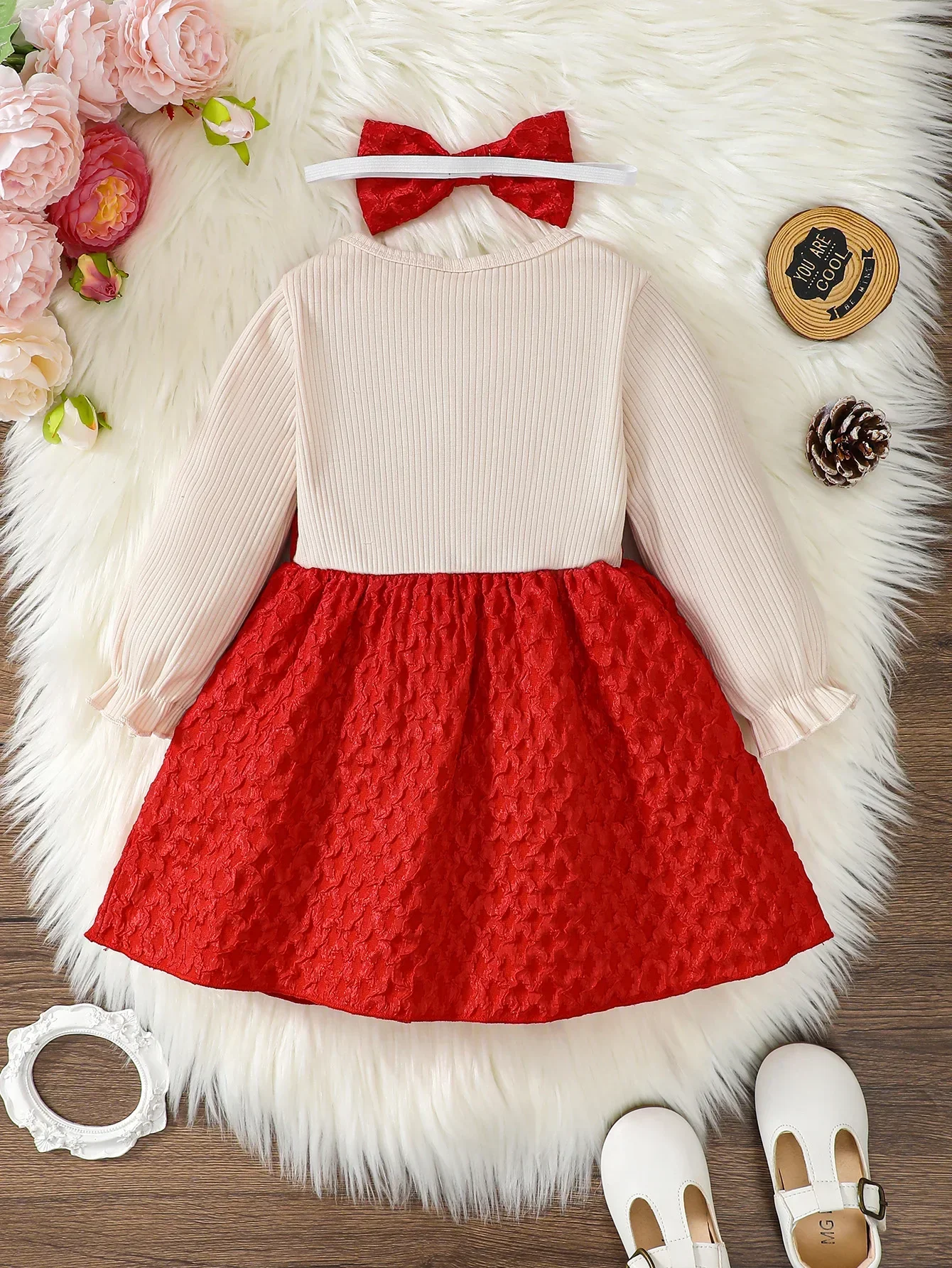 Newborn Baby Girl Dress Long Sleeves Patchwork with Bow One Year Old Dress New Year&Christmas Dress Up Wear for Toddler 0-3Years