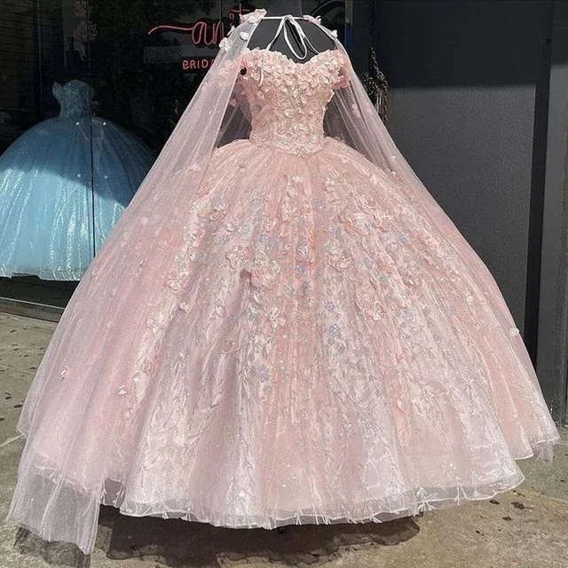 Romantic Pink Quinceanera Dresses Princess Lace Applique Off Shoulder Lace-up Ball Gown Birthday Party Vestidos De 15 Anos