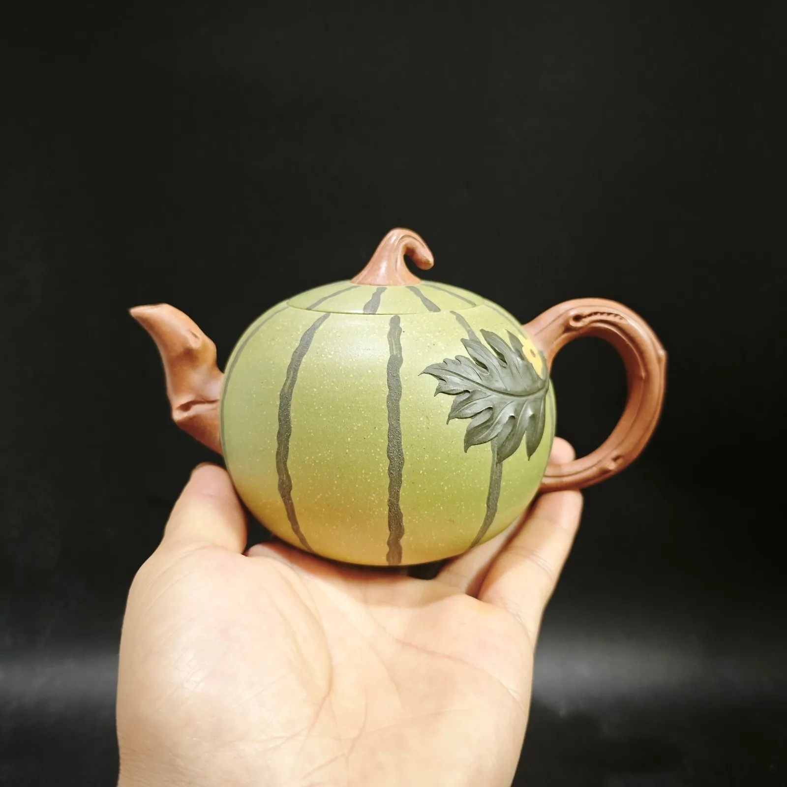 Antique Watermelon Form Zisha Teapot 400ccYixing Carved Vine Novelty Collectible