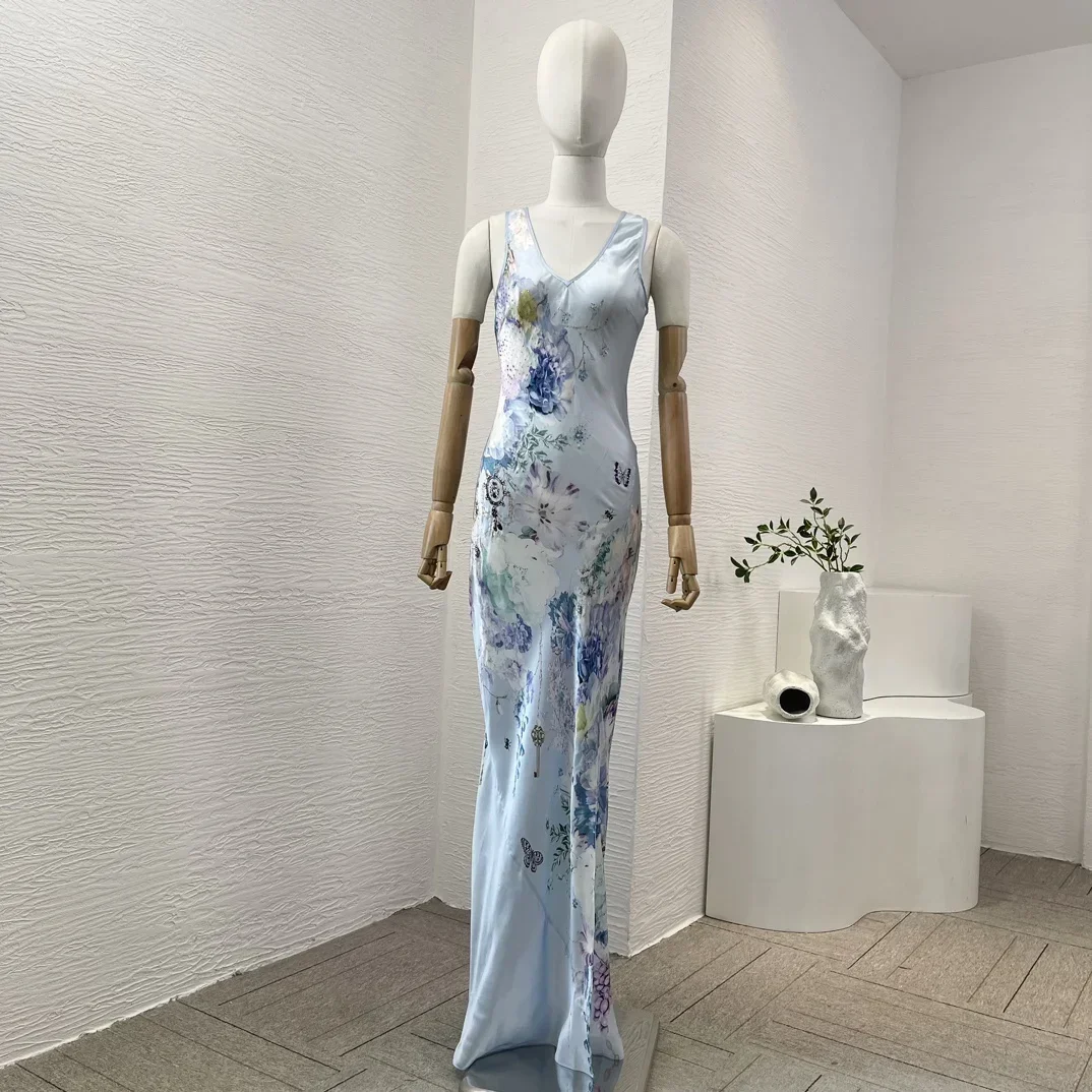 

2024 New Holiday Silk High Quality Light Blue Diamonds Butterfly Floral Print Sleeveless Elegant Women Maxi Dress