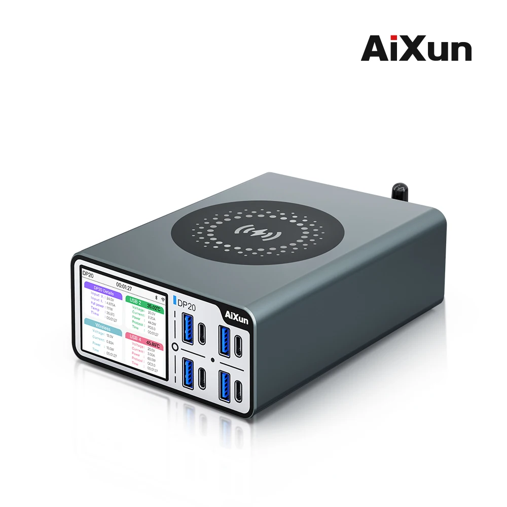 AIXUN DP20 200W Desktop Smart Fast Charger 15W Wireless Charging 2.4 Inch HD Screen Mobile Phone Power Tools