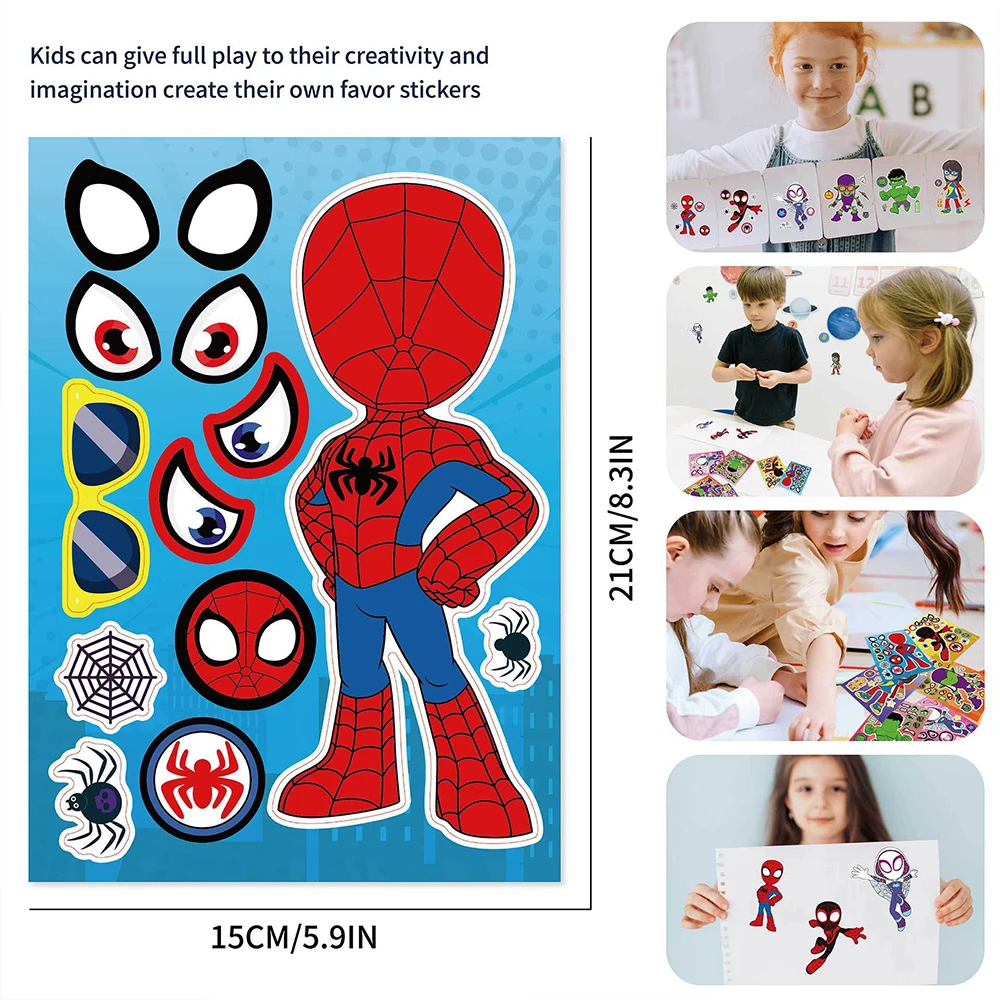 6/12Sheets Disney Marvel Make-a-Face Puzzle Stickers Spiderman and His Amazing Friends Children DIY Toys Assemble Jigsaw Sticker