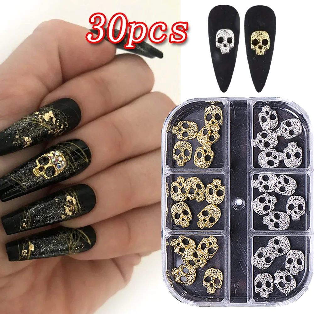 30 قطعة الذهب والفضة الشرير الجمجمة مسمار الفن السحر ثلاثية الأبعاد القوطية خمر سبيكة الهيكل العظمي مسمار ترصيع مجوهرات هالوين الجمجمة مسمار الديكور