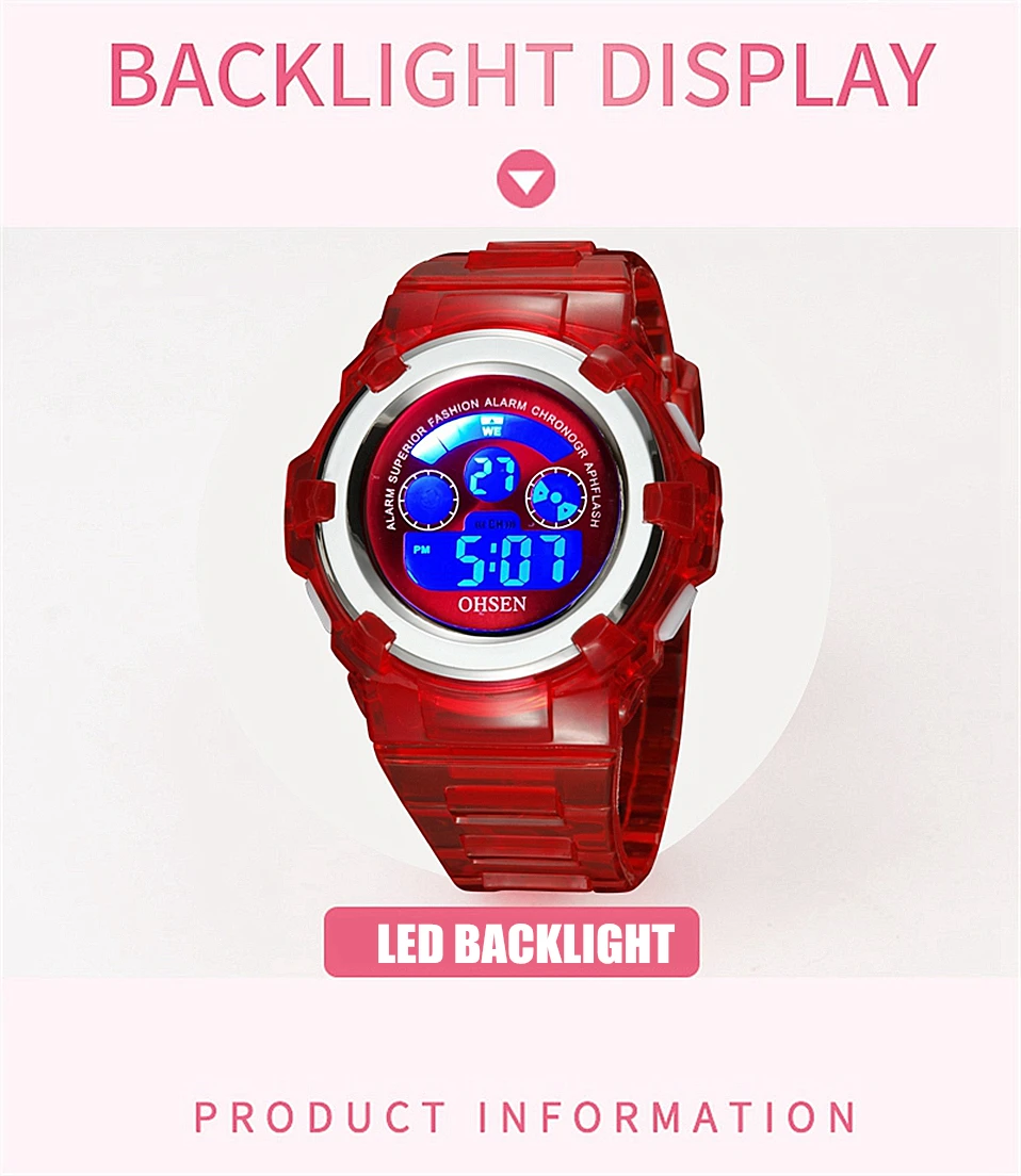 OHSEN Kids Sport Watches 50M Waterproof Red Cartoon Digital Wristwatch Stopwatch Electronic LED Children Watch For Boys Girls