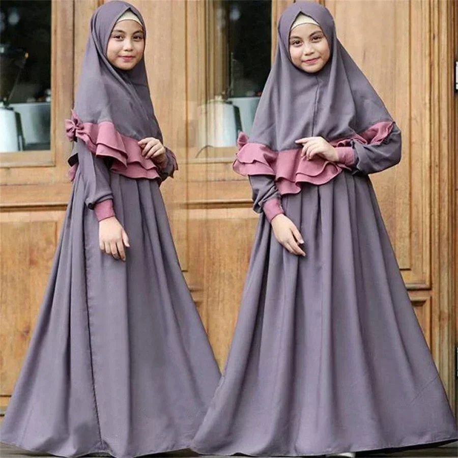 Bambini musulmani Ragazze 2 pezzi Preghiera Maxi vestito Hijab Abaya Ramadan Set Bambini arabi Foulard Abito lungo Abito islamico Eid Chador