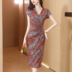 2023 Summer New Silk V-Neck Short Sleeve Elastic Slim Fit Long Dress Celebrity Flower Print Tight Slim Large Dress