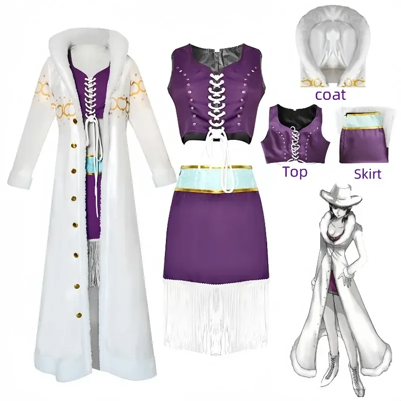 One Piece Nico Robin Cosplay One Piece Purple Dress Uniform Long Fur Collar White Cloak Punk Outfit Halloween Anime Costume