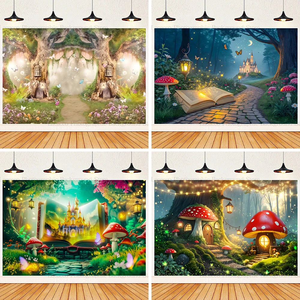 

Fairy Forest Fairytale Background Enchanted Wonderland Flower Butterfly Fantasy Mushroom Girl Baby Shower Photography Backdrop