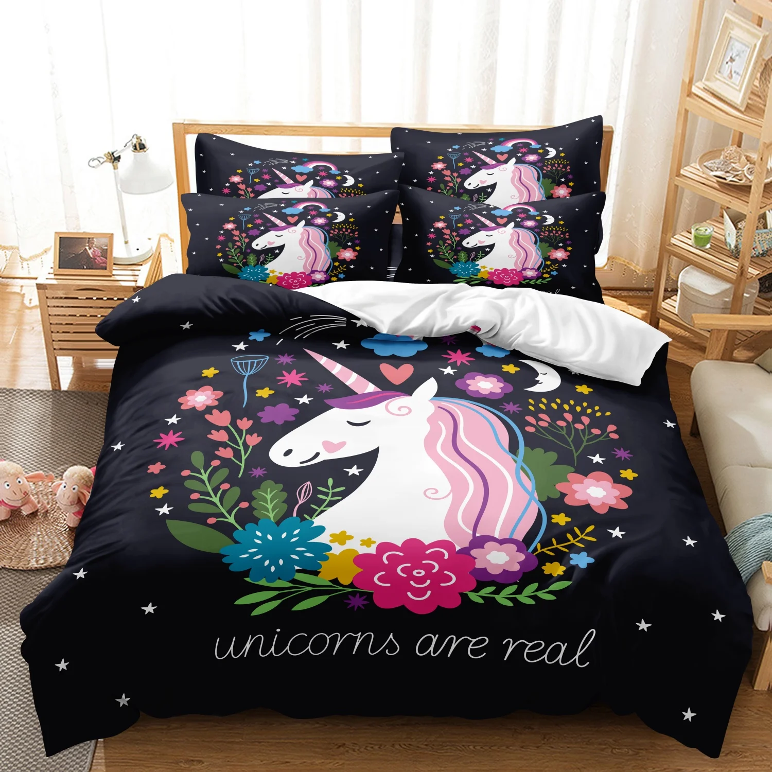 3 Pieces Black Starry Unicorn Floral Duvet Cover Set, Wildflower Letter Print Bedding, Fantasy Dreamy Decor Bedding