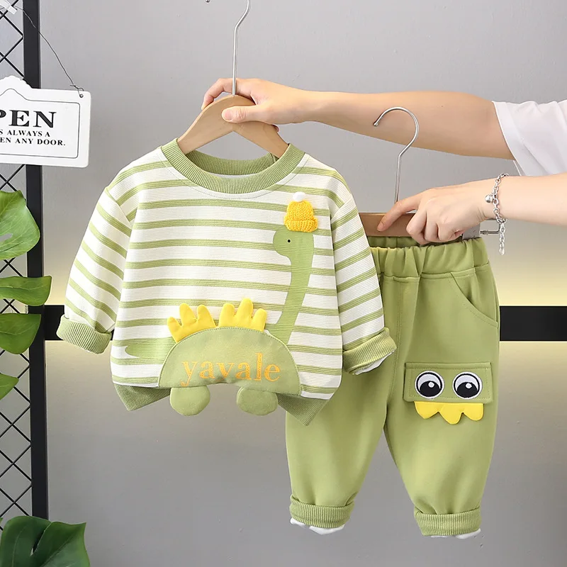 Infant Boy Clothes Set 2025 Spring Autum Korean Striped Dinosaur Long Sleeve Pullover Tops and Pants Baby Boys Outfits Kids Suit