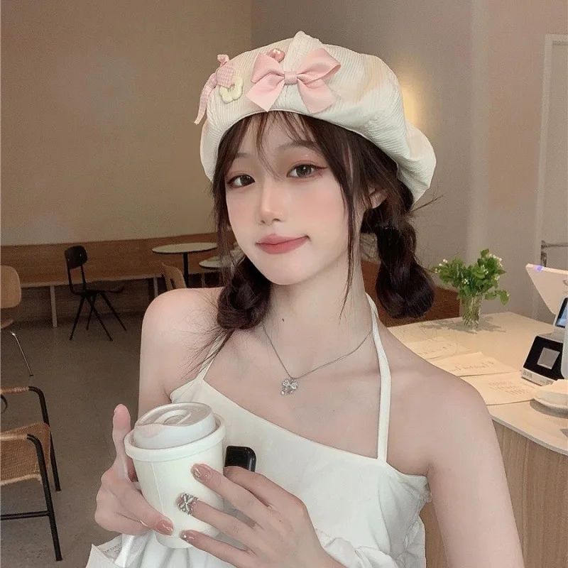Sweet girlish pink bow-decorated beret student Japanese street artist hat