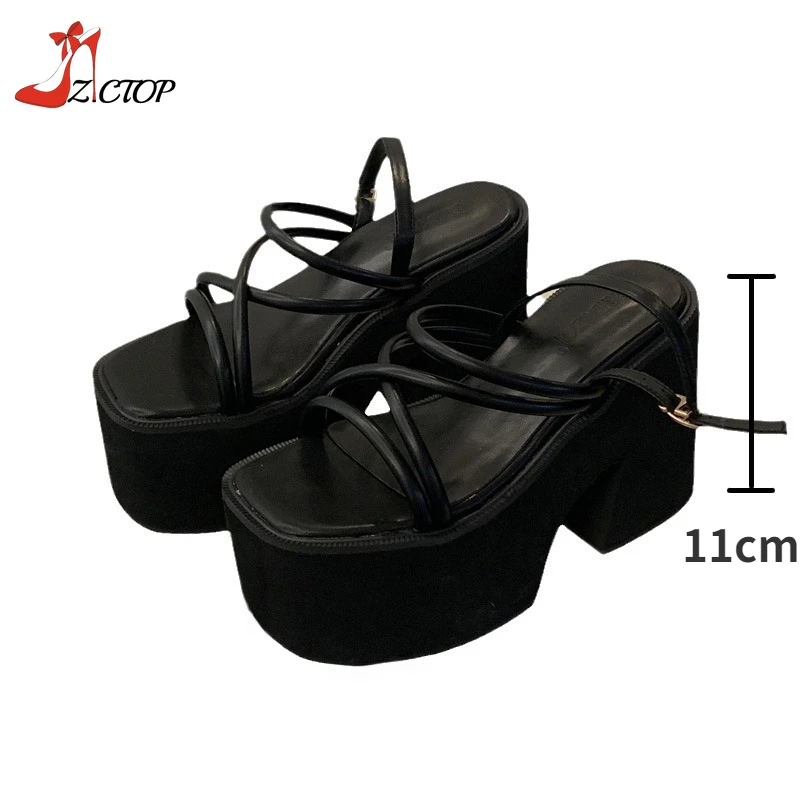 Summer Block Heel Platform Sandals Women 11cm Super High Heels Black Wedges Sandals Buckle Strap Ladies Casual Shoes