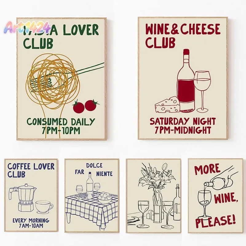 Affiche murale sur toile dessinée à la main, motif cuisine, cafetière moka, pâtes, vin et fromage, pour salon et décoration intérieure