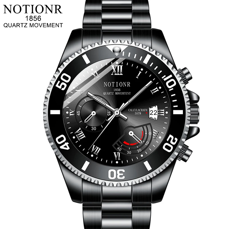 NOTIONR Fashion Mens Watches Men Black Calendar Quartz Wrist Watch Luxury Man Business Stainless Steel Watch reloj hombre