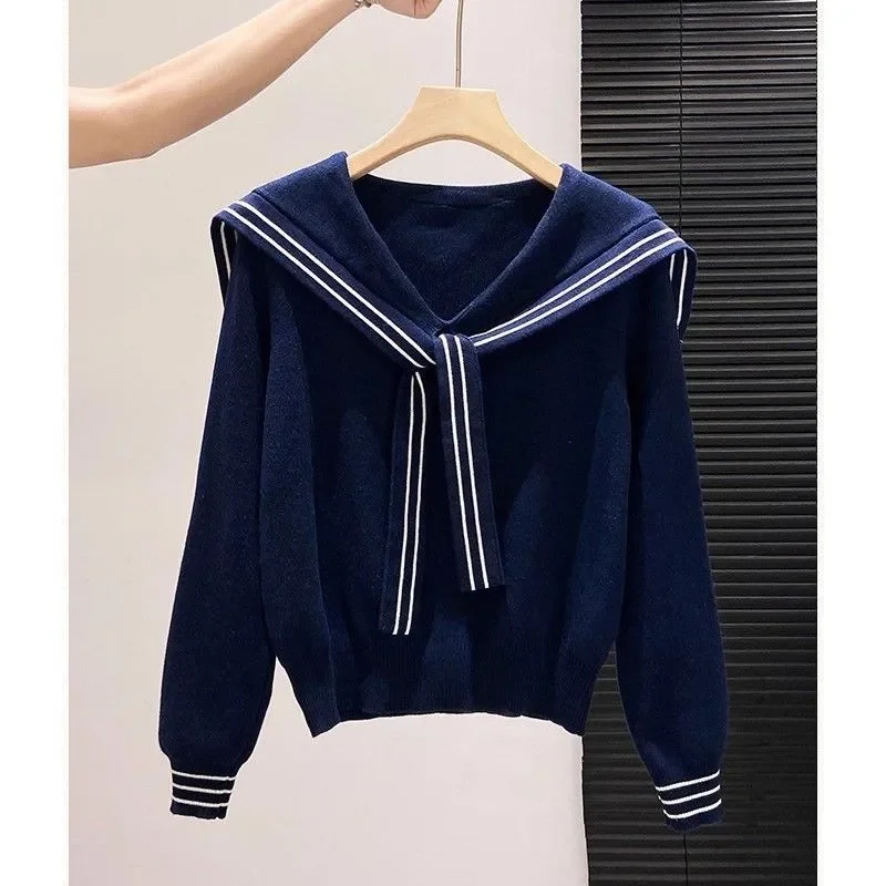 

Navy Collar 2025 Autumn Women's New Spliced pullover Knitted Sweater Versatile Design Fashionable Long-sleeved Top
