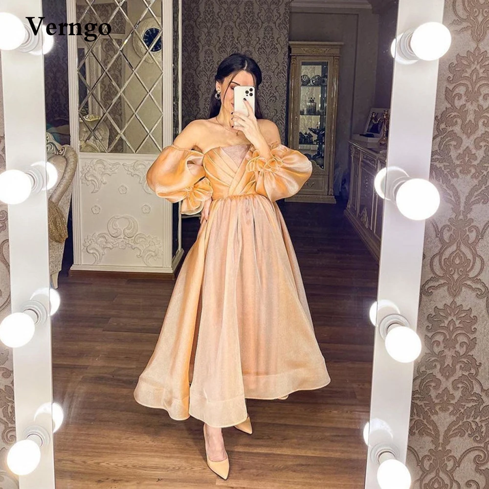 

Verngo Vintage A Line Prom Dresses Puff Long Sleeves Strapless Silk Organza Evening Party Dress Ankle Length Robe de mariage