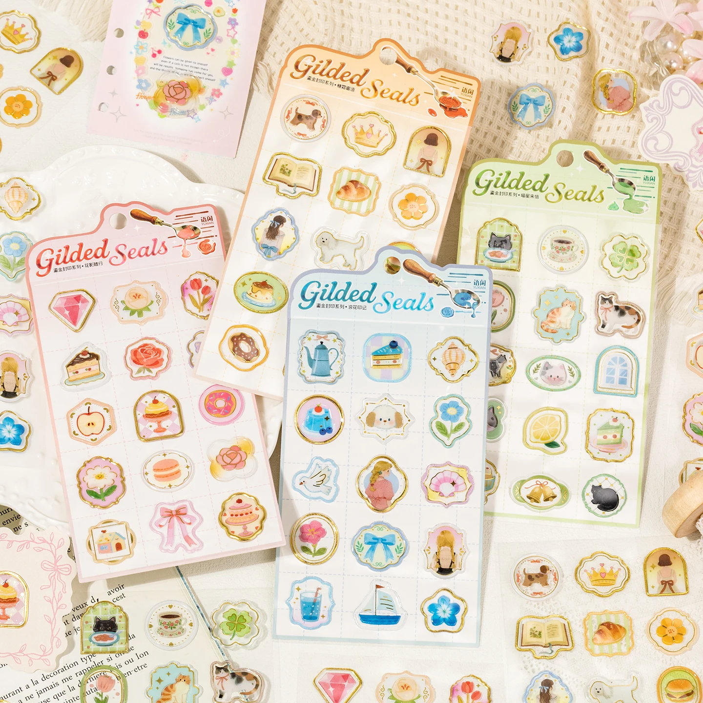 1 Stück vergoldete Siegel-PVC-Aufkleber, niedliche Katzen- und Blumen-Goldfolien-Scrapbooking-Aufkleber